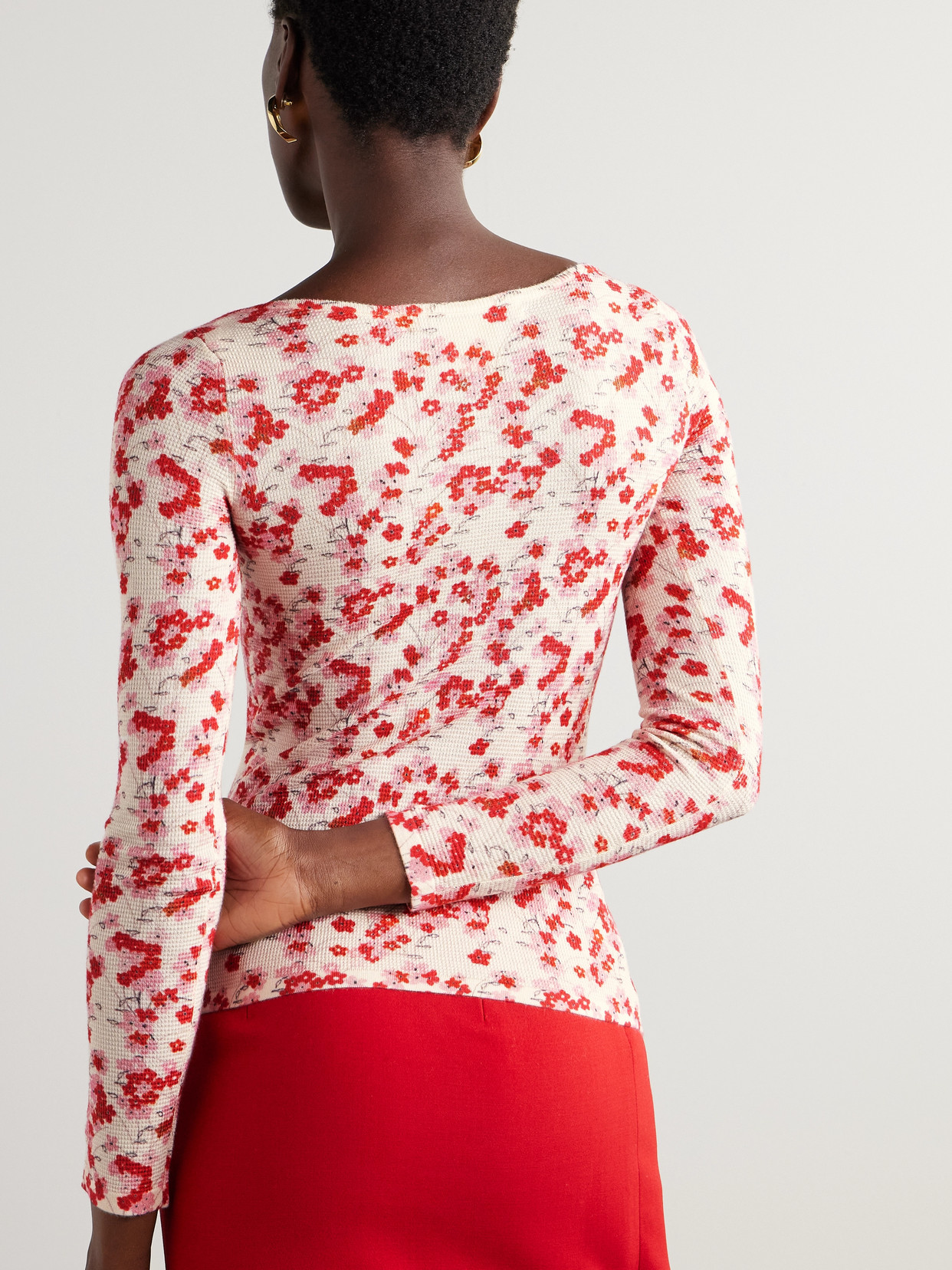 Bernadette Luke Waffle-knit Floral-print Silk-blend Top In Red