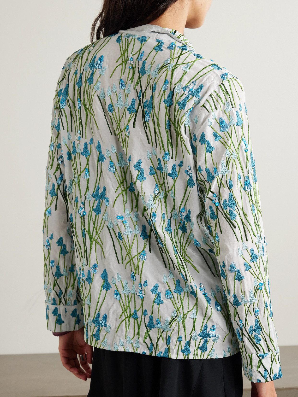 BERNADETTE LOUIS EMBROIDERED EMBELLISHED SILK PAJAMA SHIRT