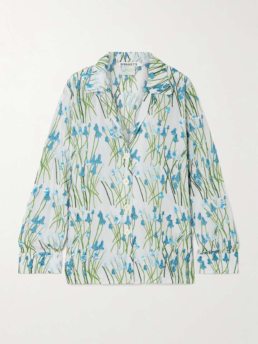 BERNADETTE Louis Embroidered Embellished Silk Pajama Shirt