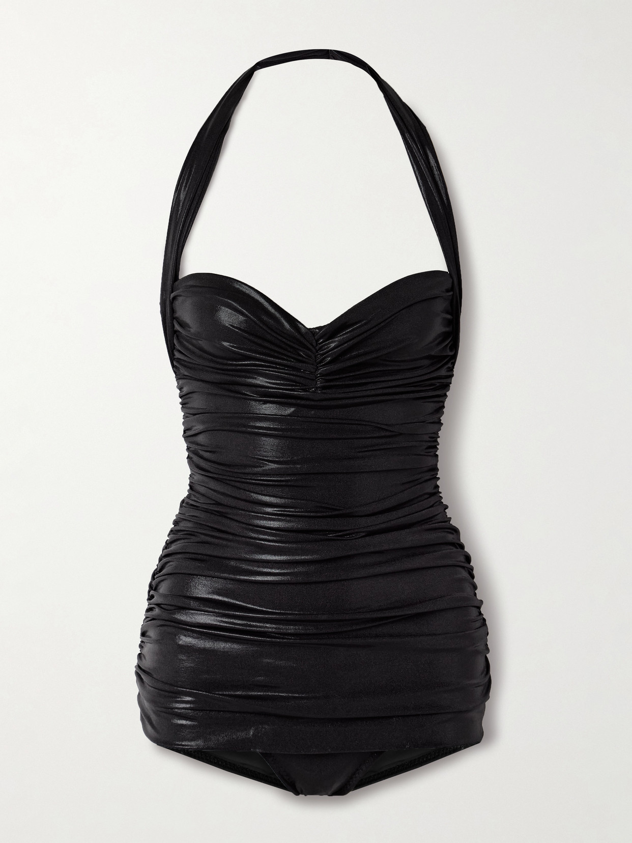 Norma Kamali Bill Mio Ruched Metallic Halterneck Swimsuit In Black