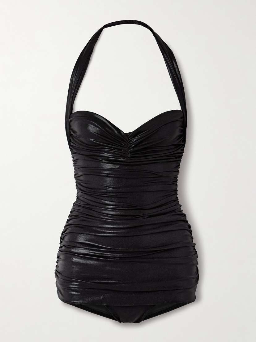 Norma Kamali Bill Mio Ruched Metallic Halterneck Swimsuit
