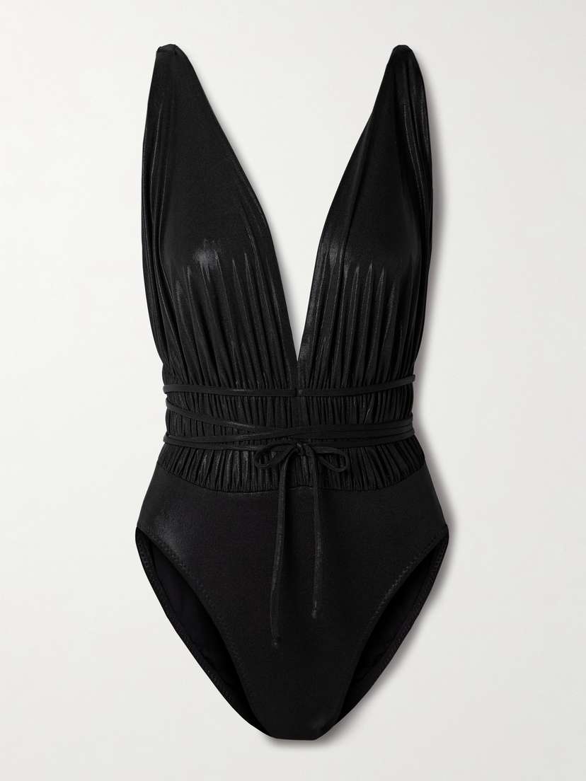 Norma Kamali Goddess Mio Ruched Stretch-lamé Swimsuit