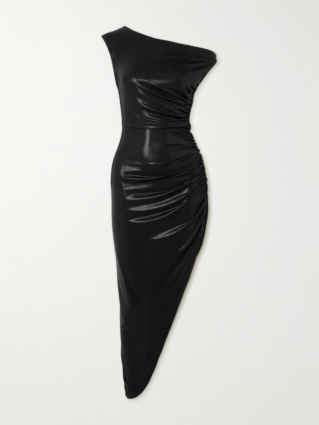 Norma Kamali Off-the-shoulder Asymmetric Ruched Stretch-lamé Midi Dress In Black