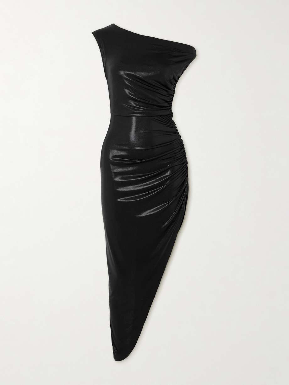 off-the-shoulder asymmetric ruched stretch-lamé midi dress