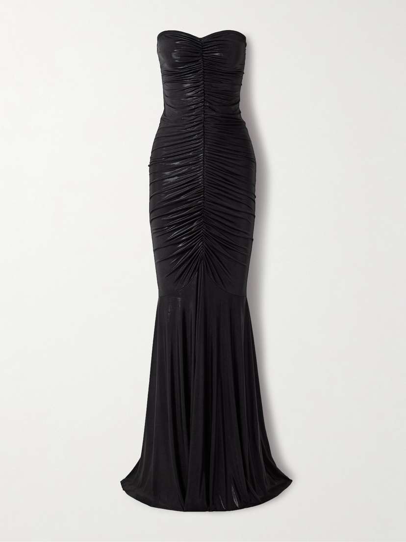 Norma Kamali Strapless Metallic Ruched Stretch-jersey Gown