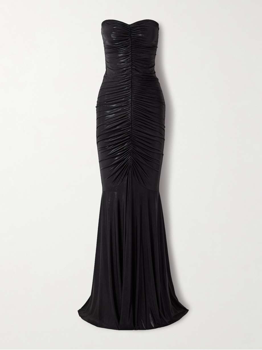 strapless metallic ruched stretch-jersey gown