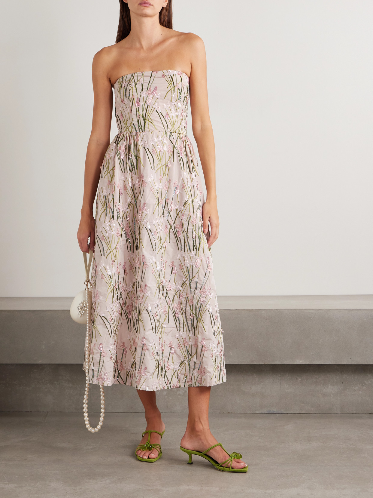 Bernadette Dette Strapless Sequin-embellished Embroidered Taffeta Midi Dress In Pink