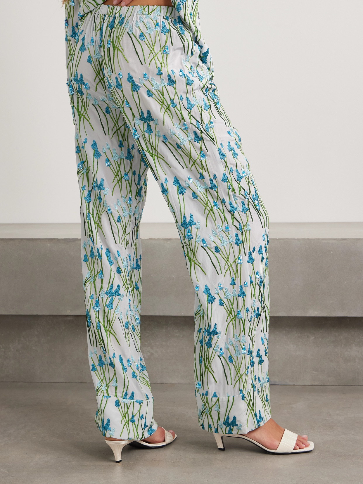Bernadette Louis Sequin-embellished Embroidered Silk Pajama Pants In Blue