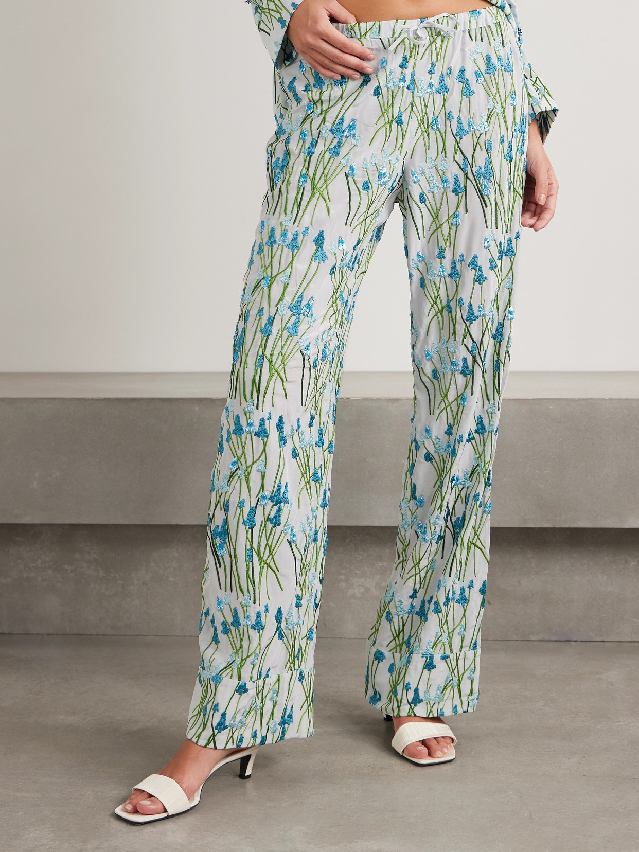 Bernadette Louis Sequin-embellished Embroidered Silk Pajama Pants In Blue