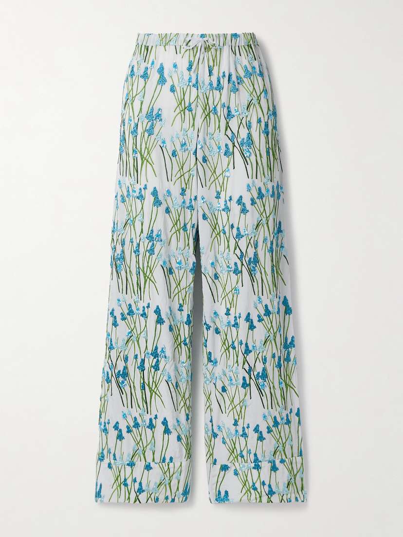 BERNADETTE Louis Sequin-embellished Embroidered Silk Pajama Pants