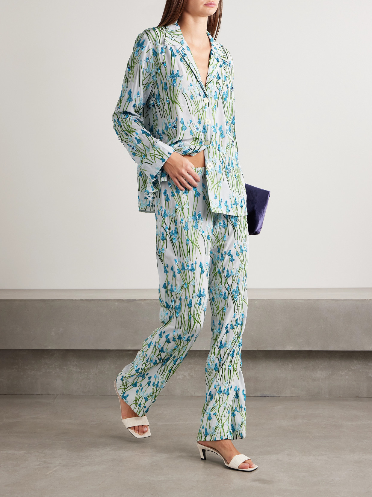 Bernadette Louis Sequin-embellished Embroidered Silk Pajama Pants In Blue