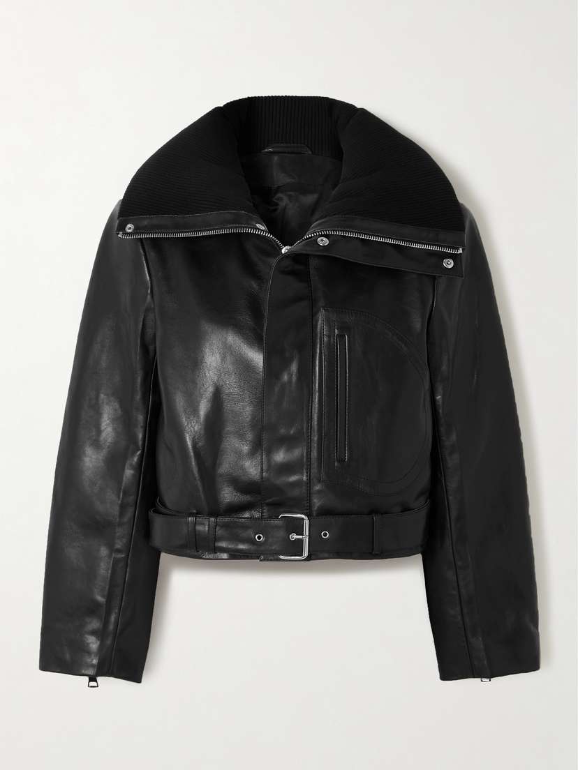 Victoria Beckham Cropped Belted Ribbed Knit-trimmed Leather Biker Jacket - UK 14
