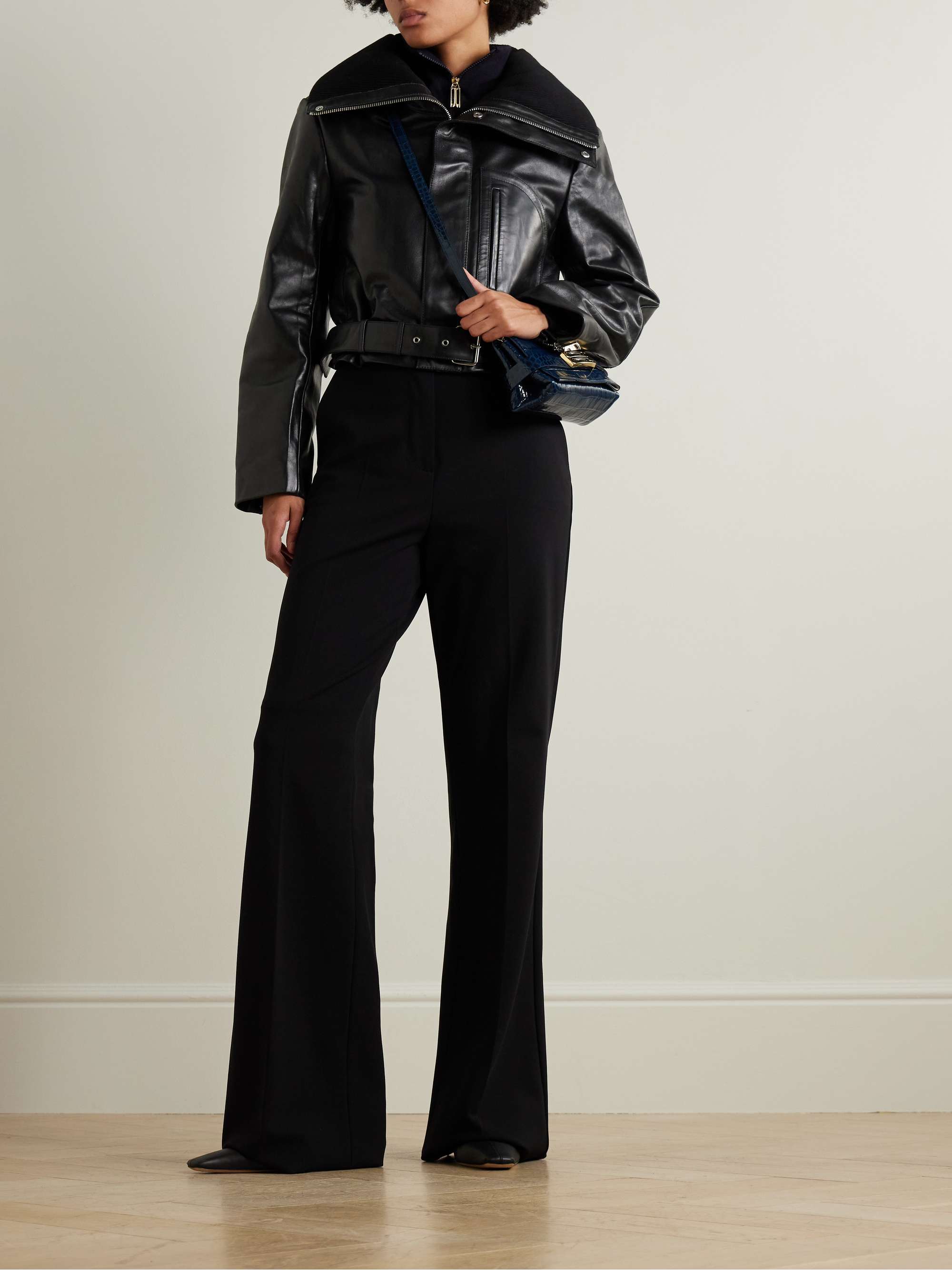 VICTORIA BECKHAM Cropped belted ribbed knit trimmed leather biker jacket NET A PORTER