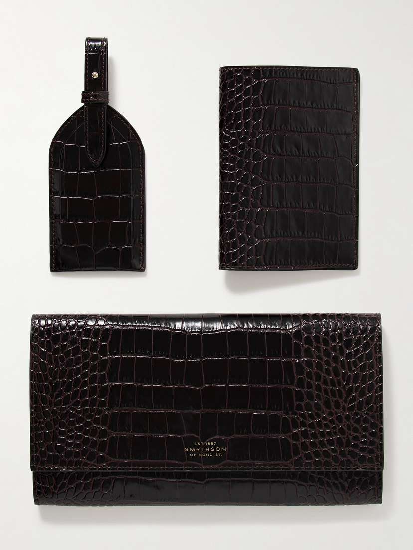 Smythson Mara Croc-effect Leather Clutch, Passport Holder And Luggage Tag Set
