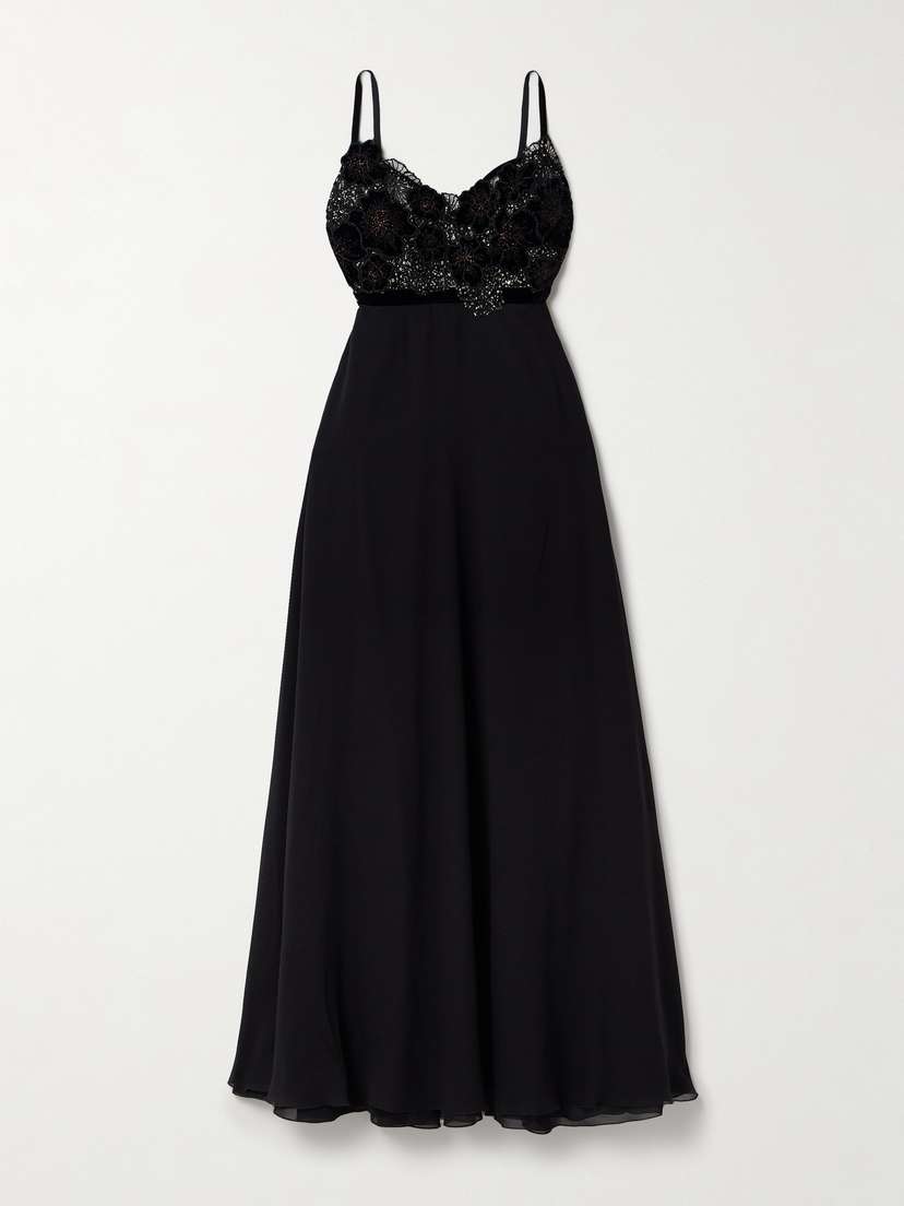 Loretta Caponi Pansy Velvet-trimmed Silk-georgette And Metallic Lace Maxi Dress