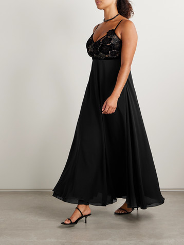 Loretta Caponi Pansy velvet-trimmed silk-georgette and metallic lace maxi dress
