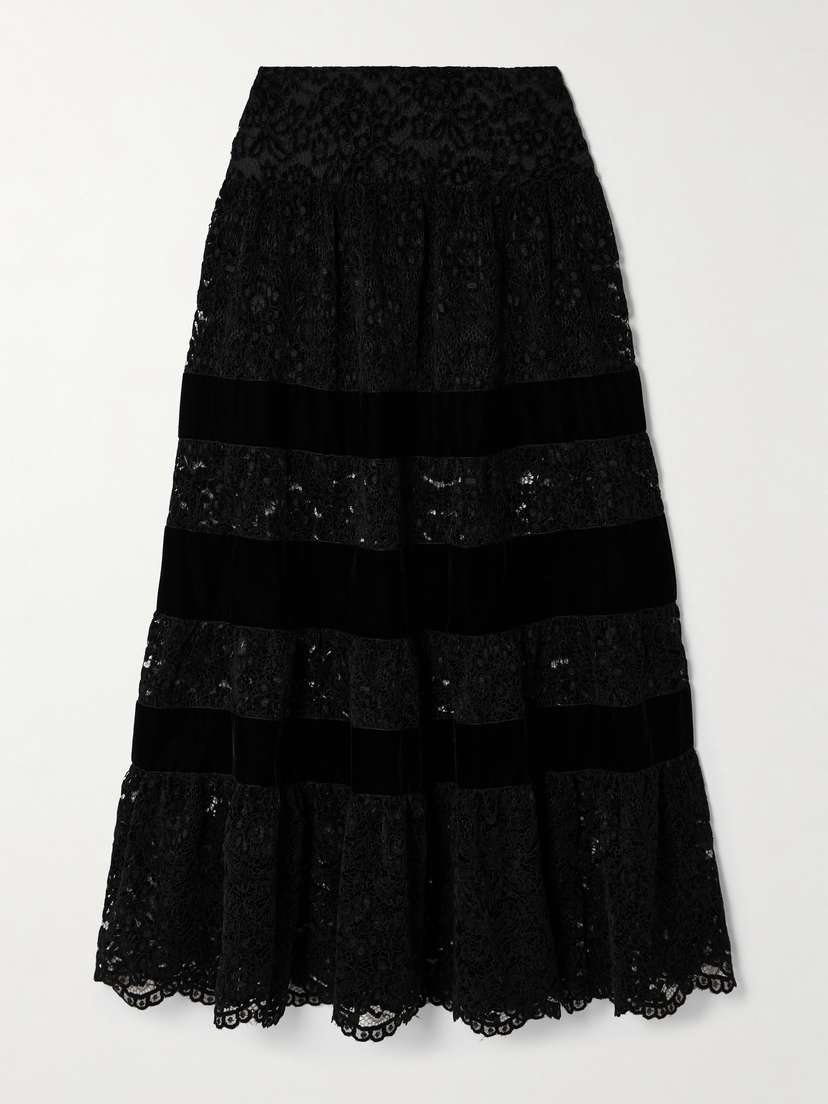 Loretta Caponi Edmee Scalloped Velvet-trimmed Corded Lace Maxi Skirt