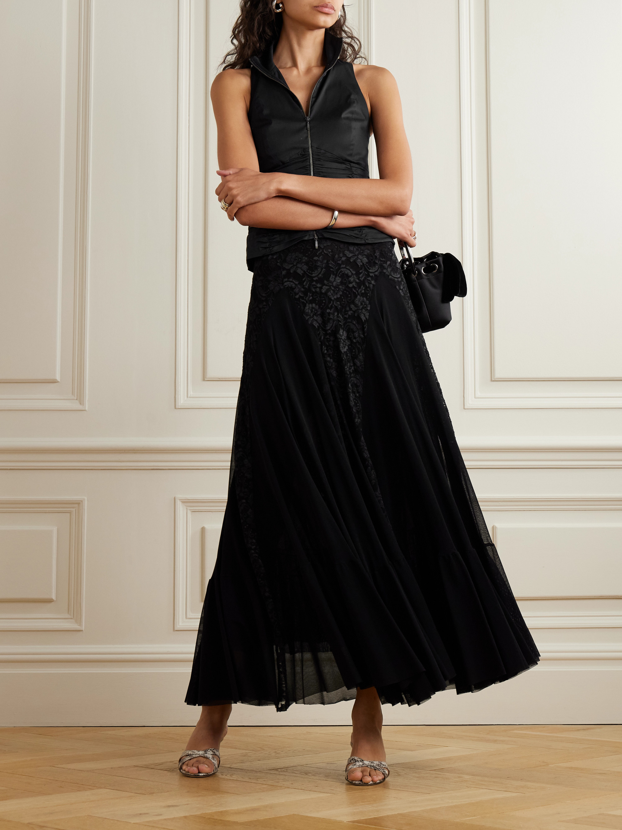 Loretta Caponi Griselda tiered tulle and lace maxi skirt