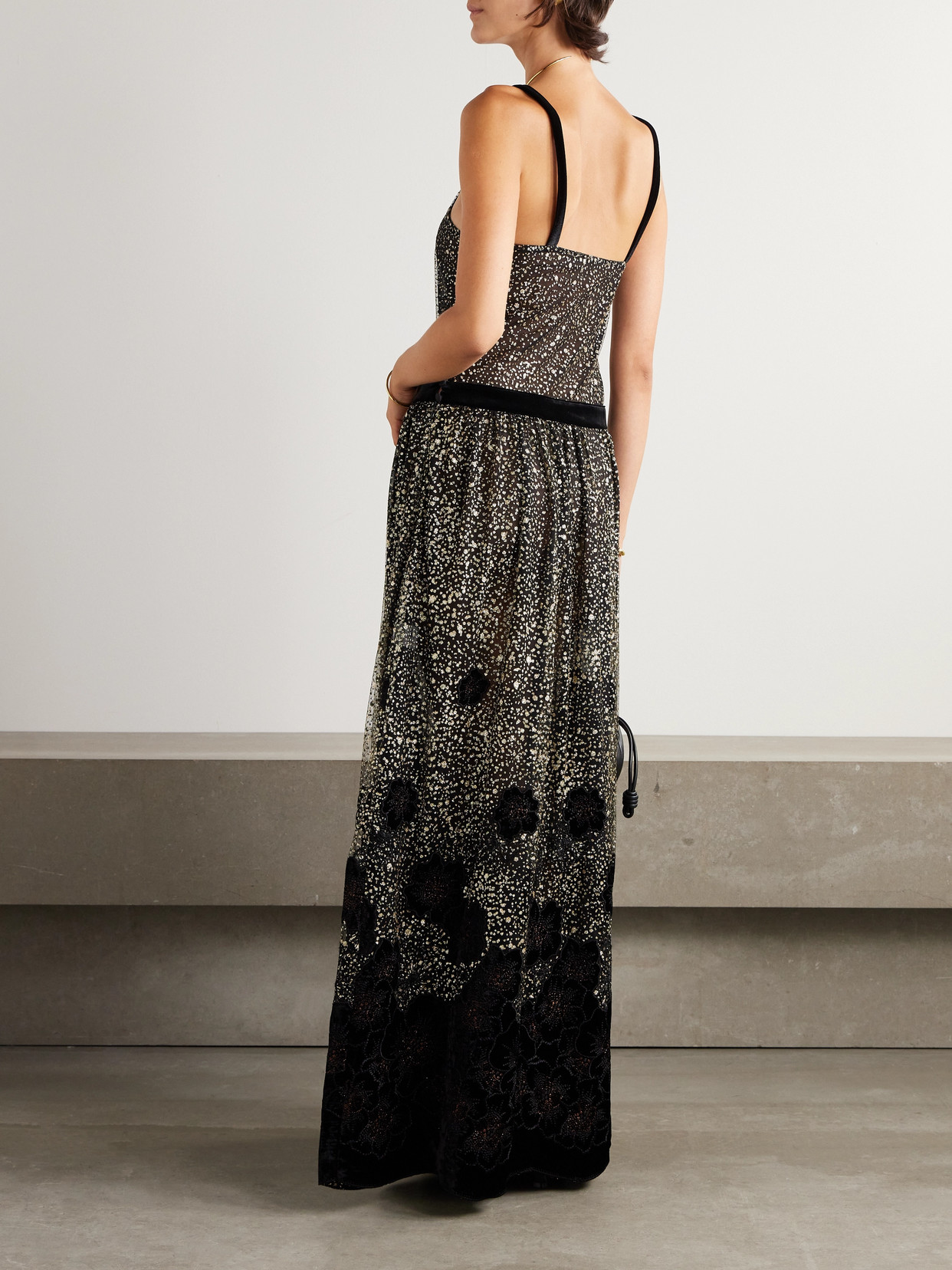Loretta Caponi Primula Embellished Metallic Velvet-trimmed Tulle Midi Dress In Black