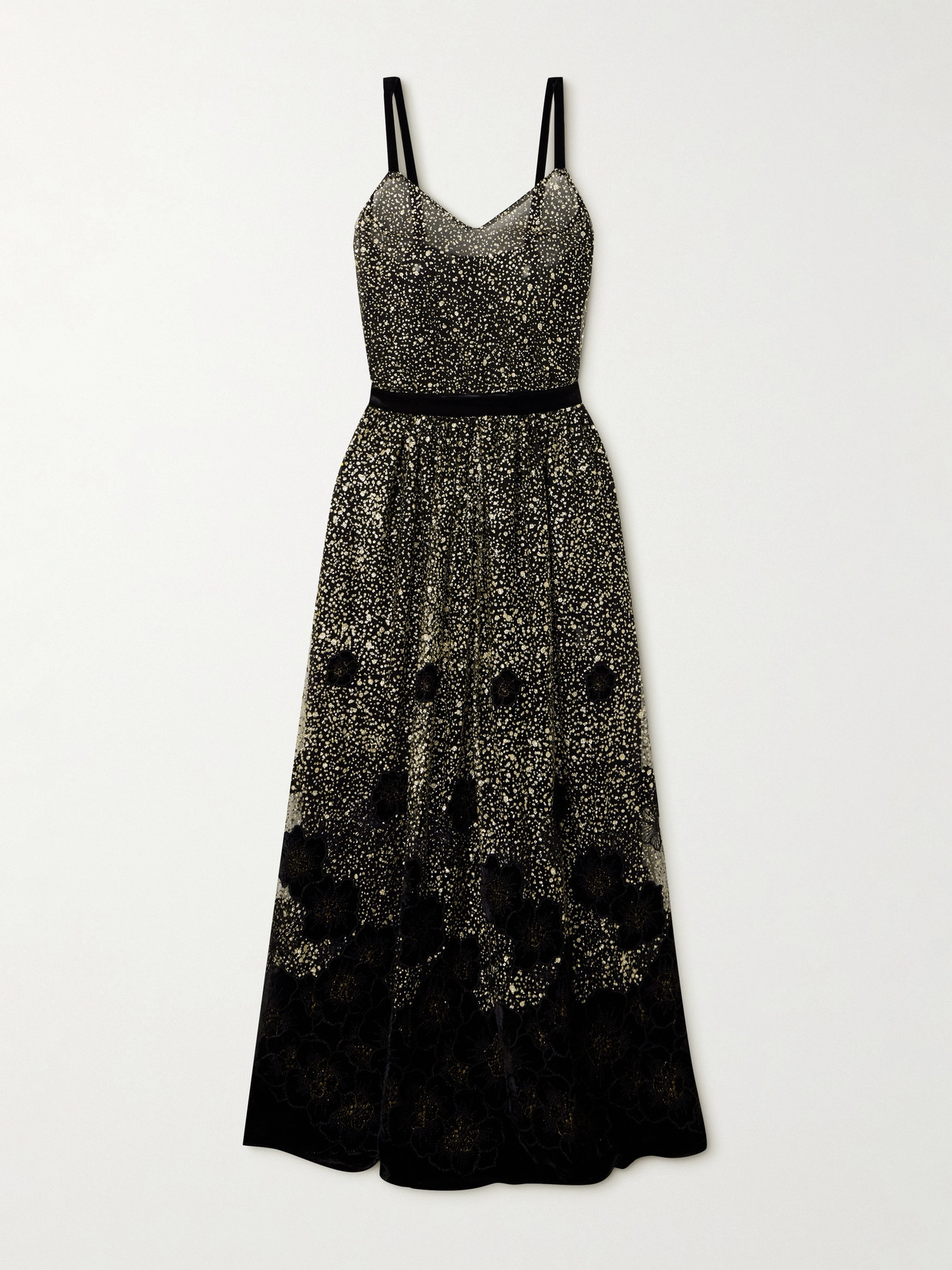 Loretta Caponi - Primula Embellished Metallic Velvet-trimmed Tulle Maxi Dress - Black