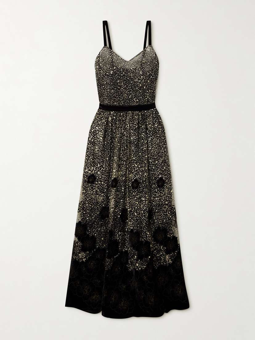 Loretta Caponi Primula Embellished Metallic Velvet-trimmed Tulle Maxi Dress