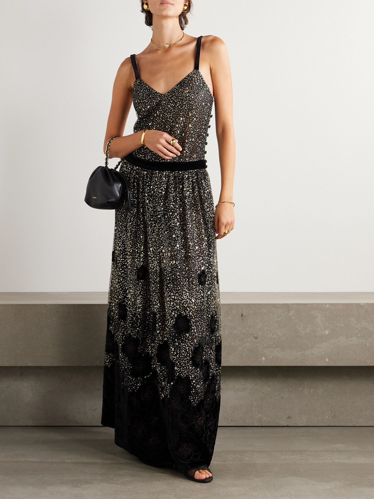 Loretta Caponi Primula Embellished Metallic Velvet-trimmed Tulle Midi Dress In Black
