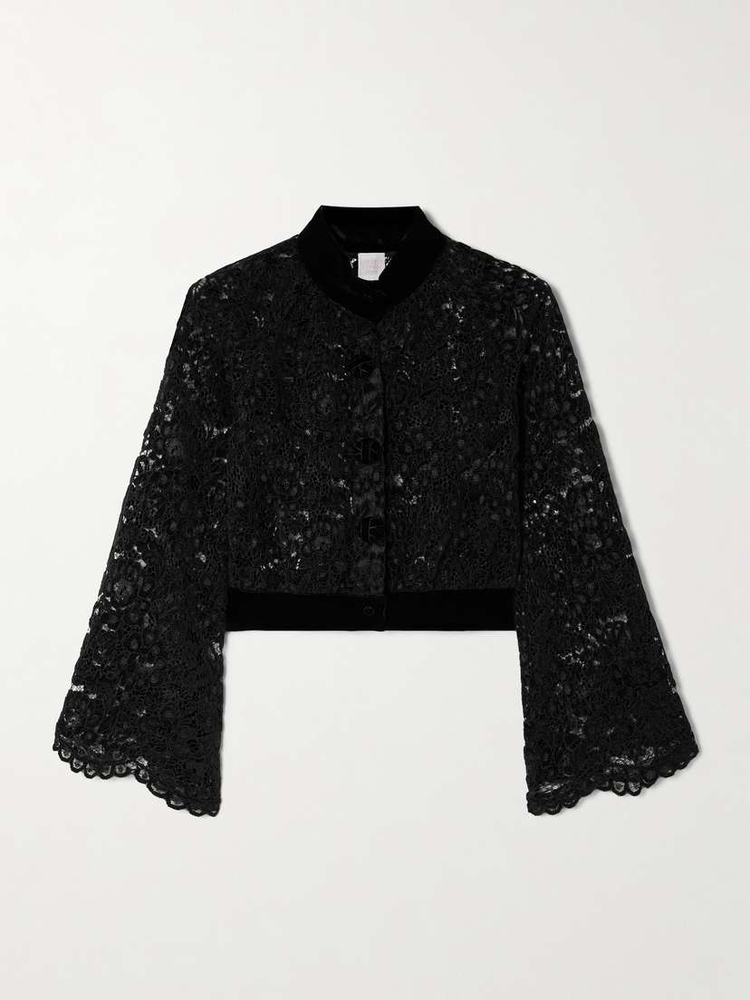 Loretta Caponi Leda Cropped Velvet-trimmed Corded Lace Jacket
