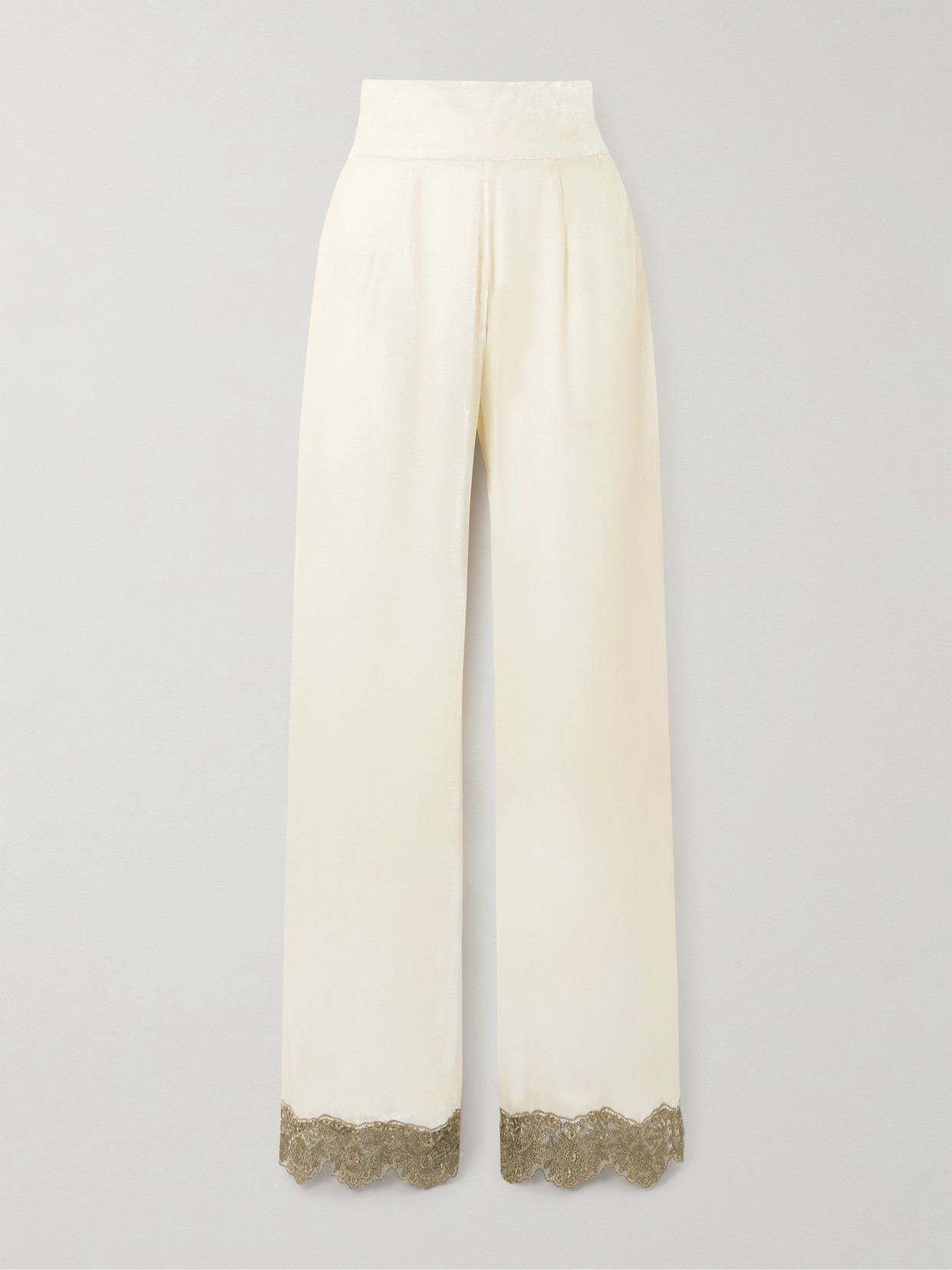 Loretta Caponi Ada Embroidered Tulle-trimmed Velvet Wide-leg Pants In Cream
