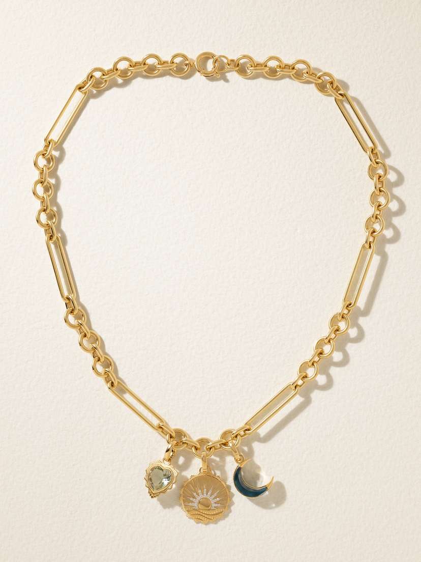 Foundrae New Beginnings, Gemstone Heart & Gemstone Crescent 18-karat Gold Multi-stone Necklace