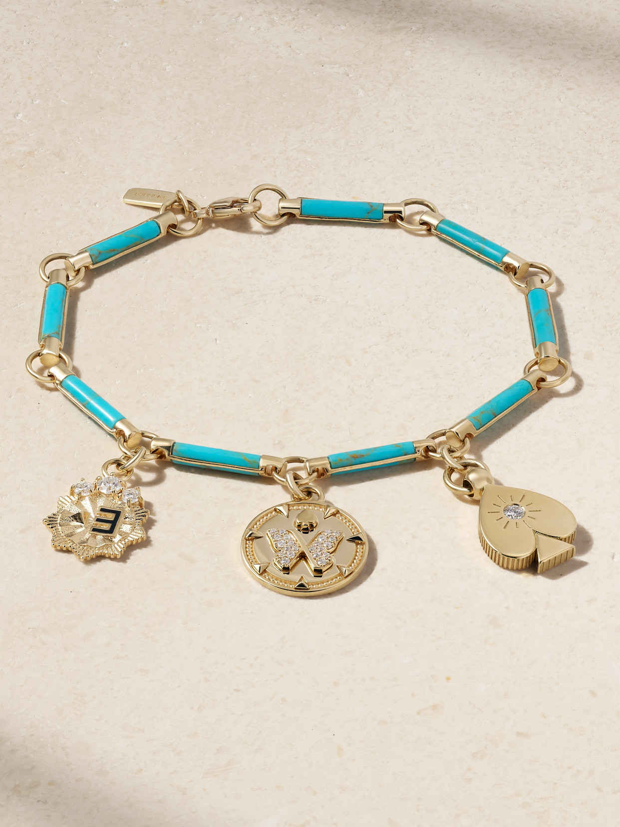 Foundrae Reverie, New Beginnings & Spade Element Chain 18-karat Gold, Turquoise And Diamond Bracelet