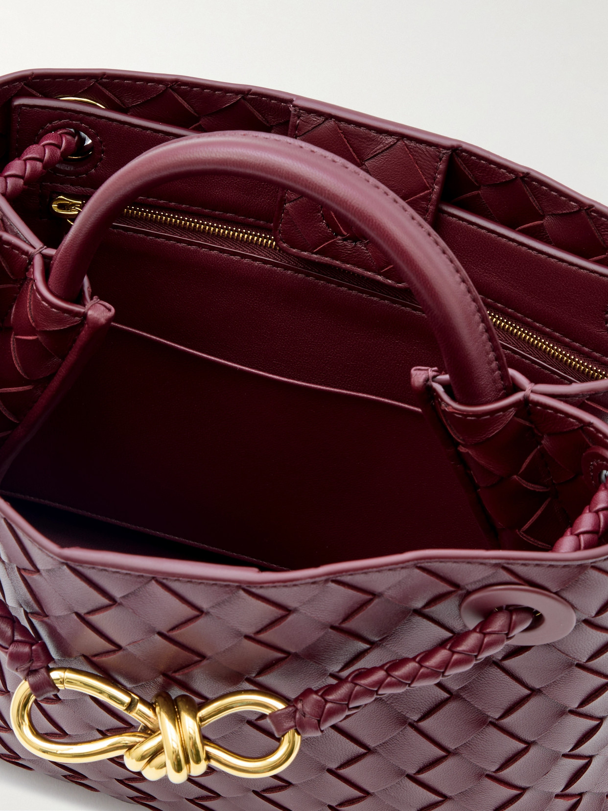 Bottega Veneta Andiamo Small Embellished Intrecciato Leather Tote In Burgundy