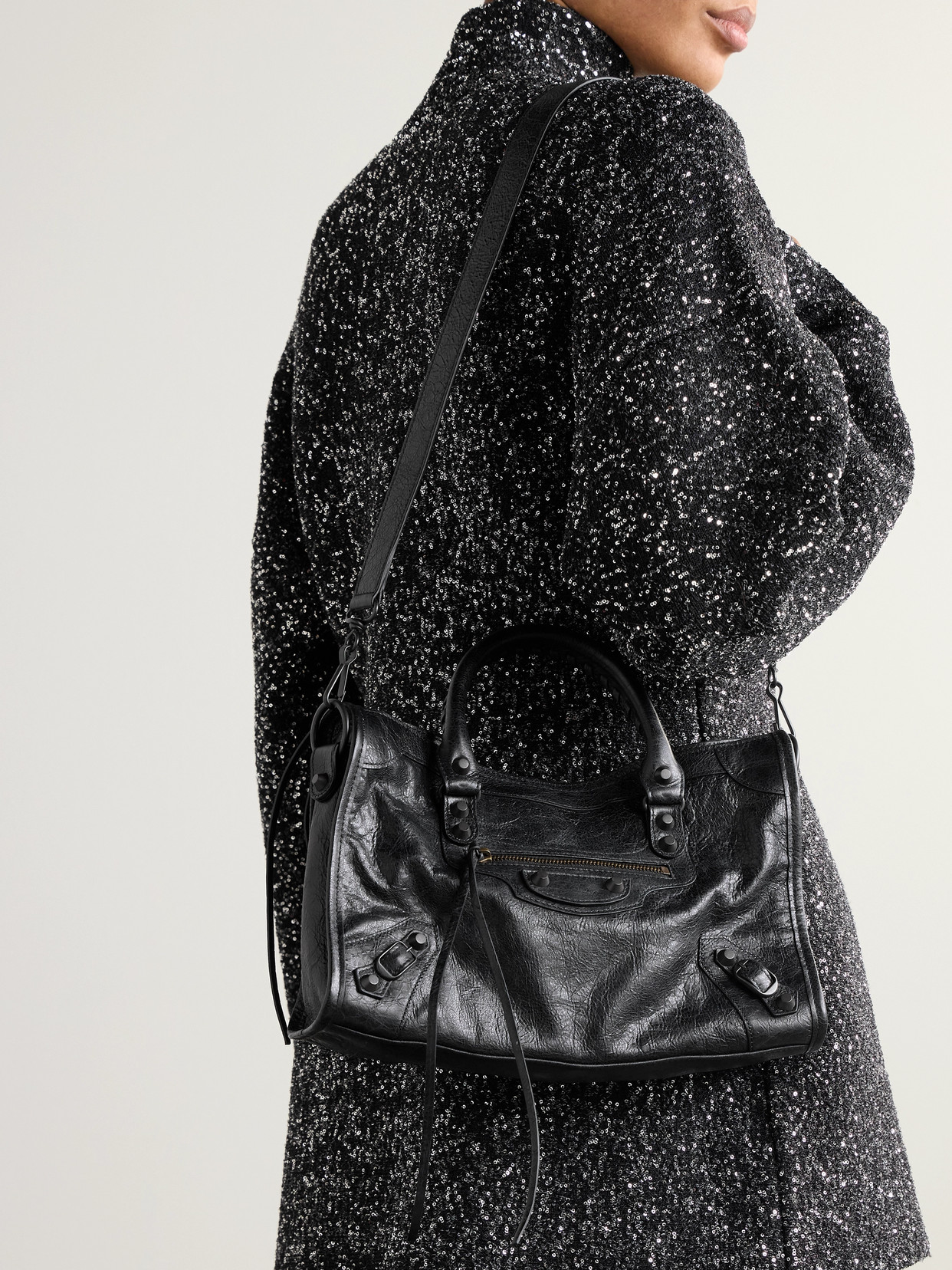 Balenciaga Le City Small Embellished Textured-leather Tote In Black