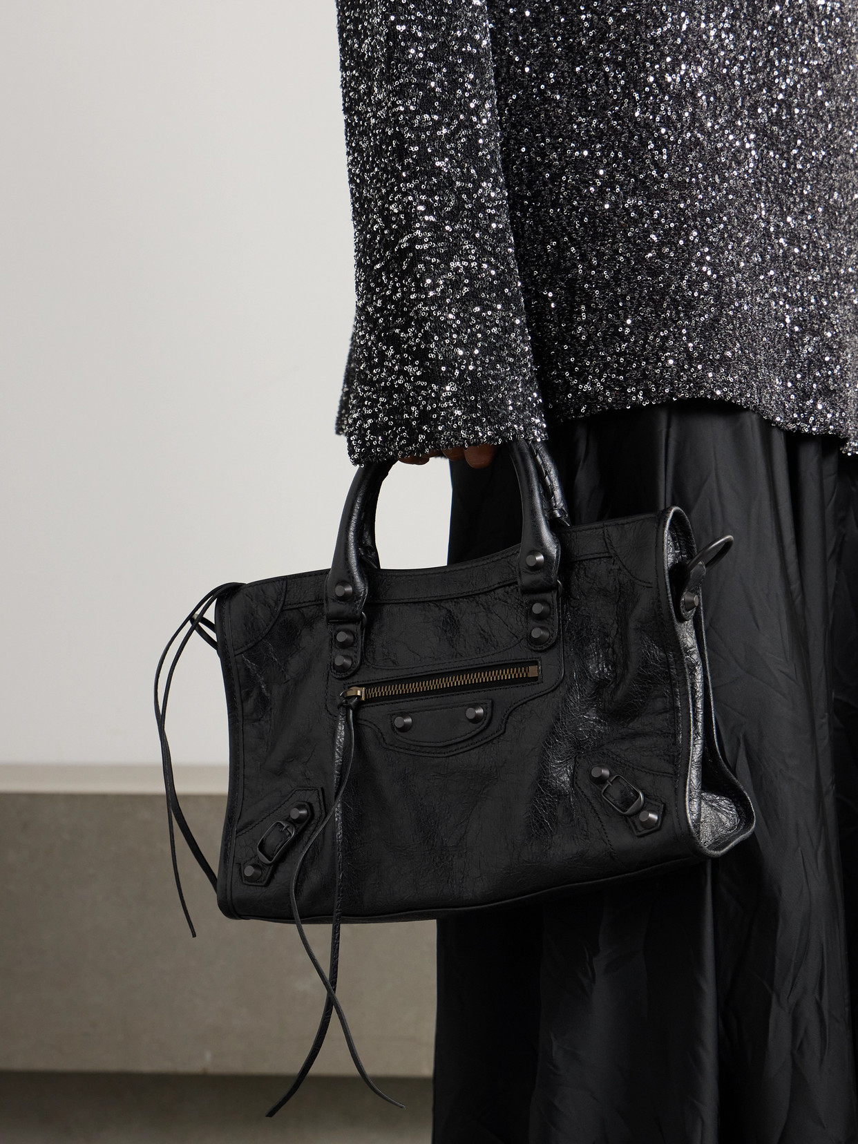 Balenciaga Le City Small Embellished Textured-leather Tote In Black