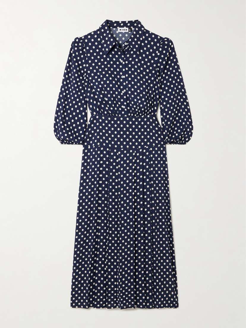 Rixo Polka-dot Crepe De Chine Midi Shirt Dress
