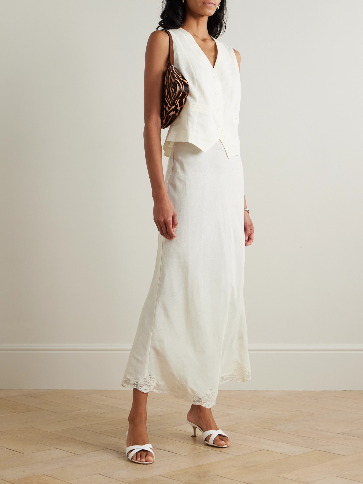 Crystal Lace-Trimmed Linen-Blend Midi