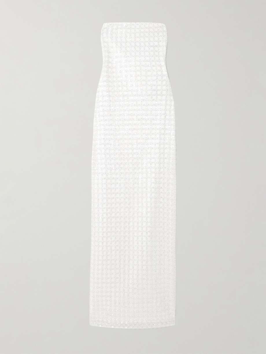 strapless embellished recycled satin midi dress
