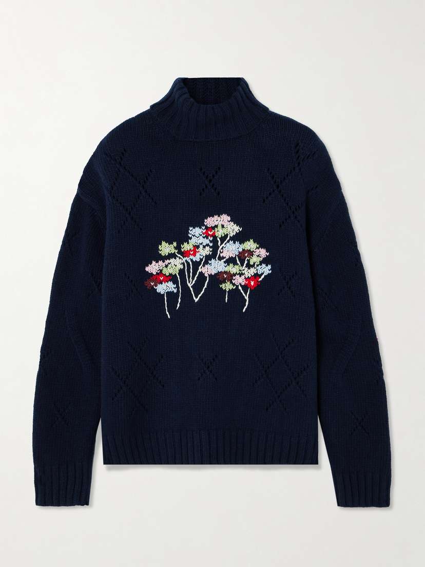 BERNADETTE Sharon Embroidered Pointelle-knit Wool-blend Turtleneck Sweater