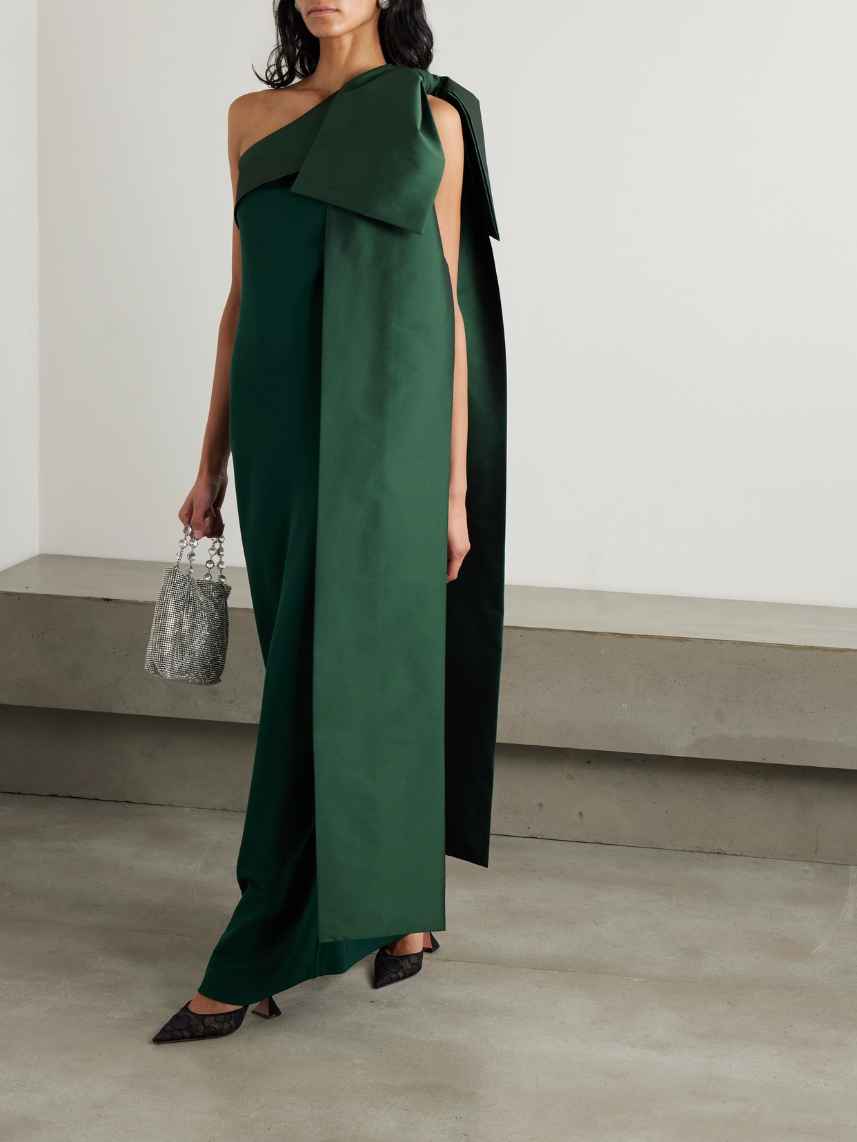 Bernadette Adrian One-shoulder Bow-detailed Crepe And Taffeta Gown In Green