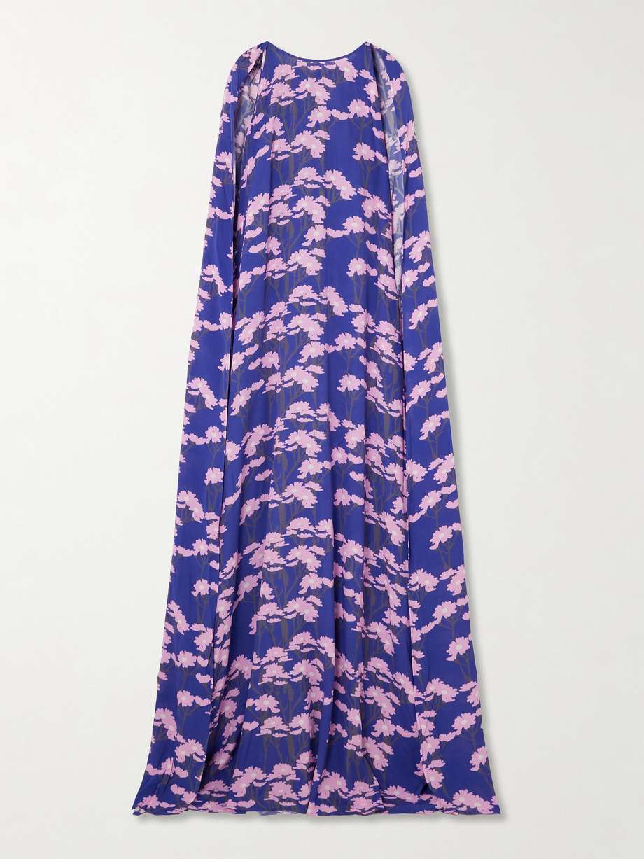 minnie cape-effect floral-print crepe de chine gown
