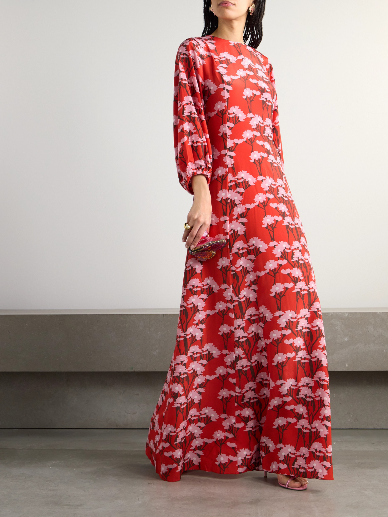 Bernadette Roxette Floral-print Silk Crepe De Chine Gown In Red