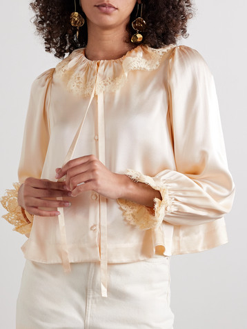 Dôen Ingrid corded lace-trimmed ruffled silk-satin blouse
