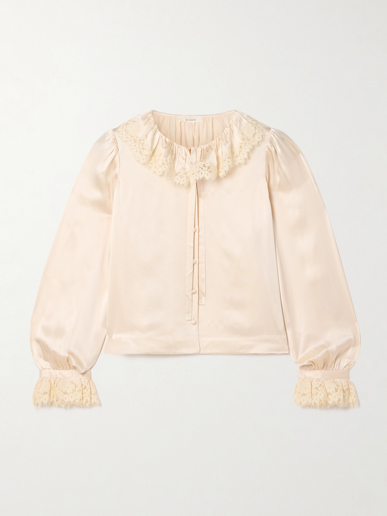 Doen Ingrid Corded Lace-trimmed Ruffled Silk-satin Blouse In White