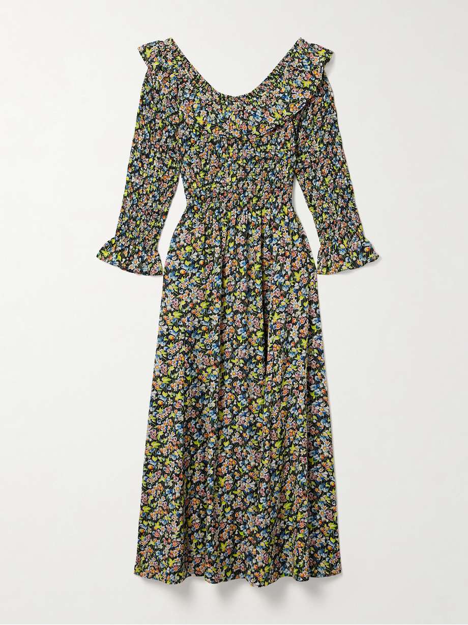 rosenda ruffled shirred floral-print organic cotton-blend voile midi dress