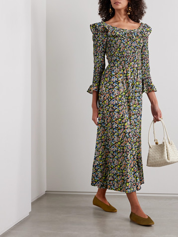 Dôen Rosenda ruffled shirred floral-print organic cotton-blend voile midi dress