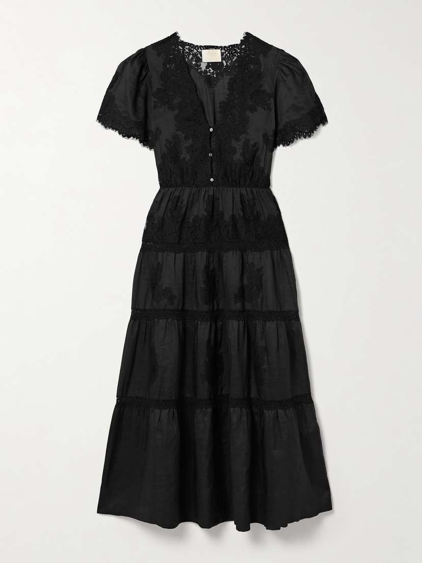 DÔEN Graciela Tiered Corded Lace-paneled Ramie Midi Dress