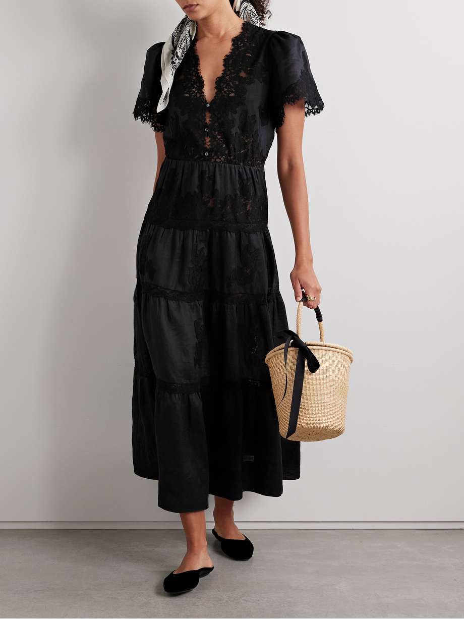 graciela tiered corded lace-paneled ramie midi dress