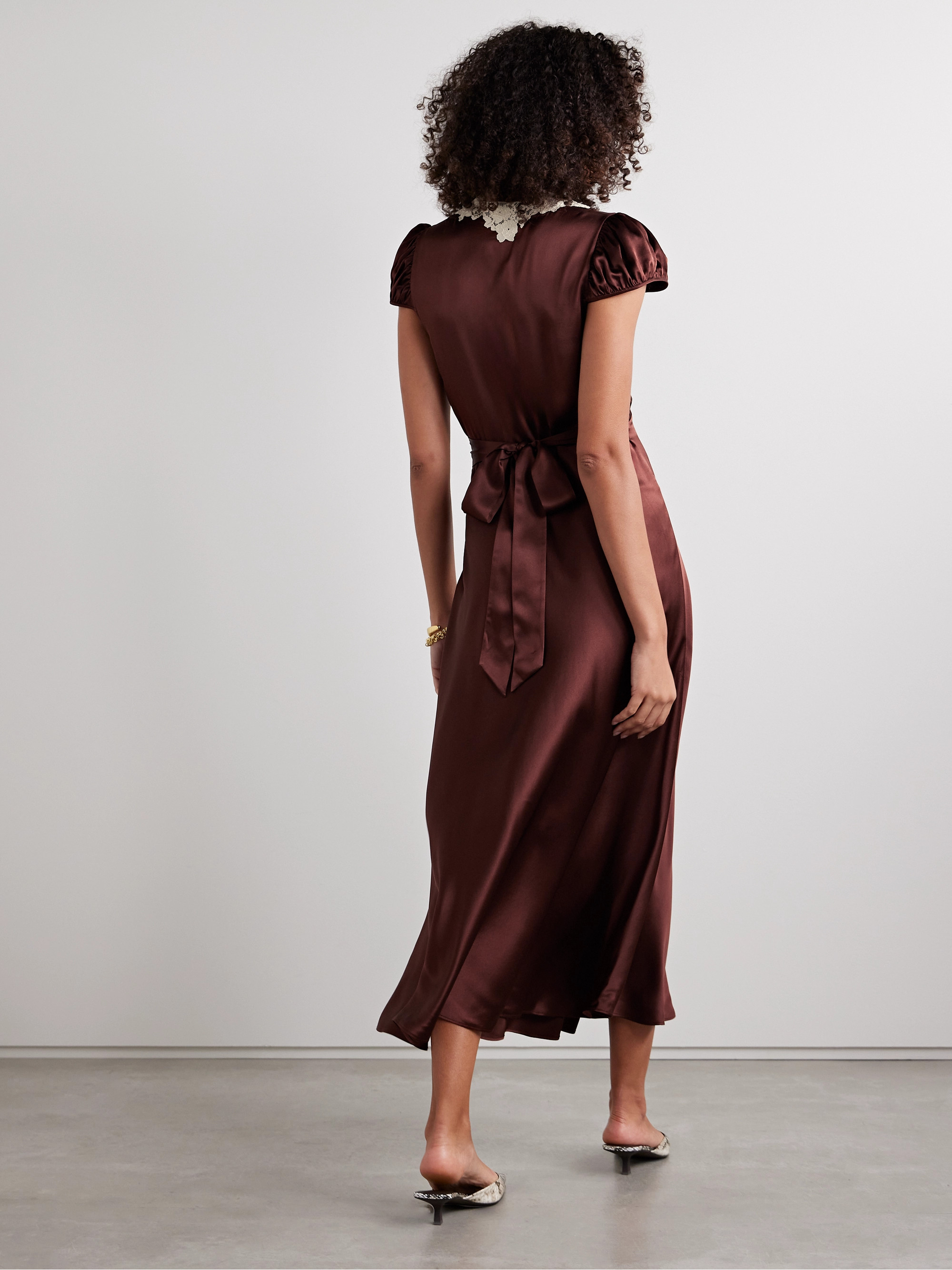Den - Coraline corded lace-trimmed silk-satin midi dress | Plush