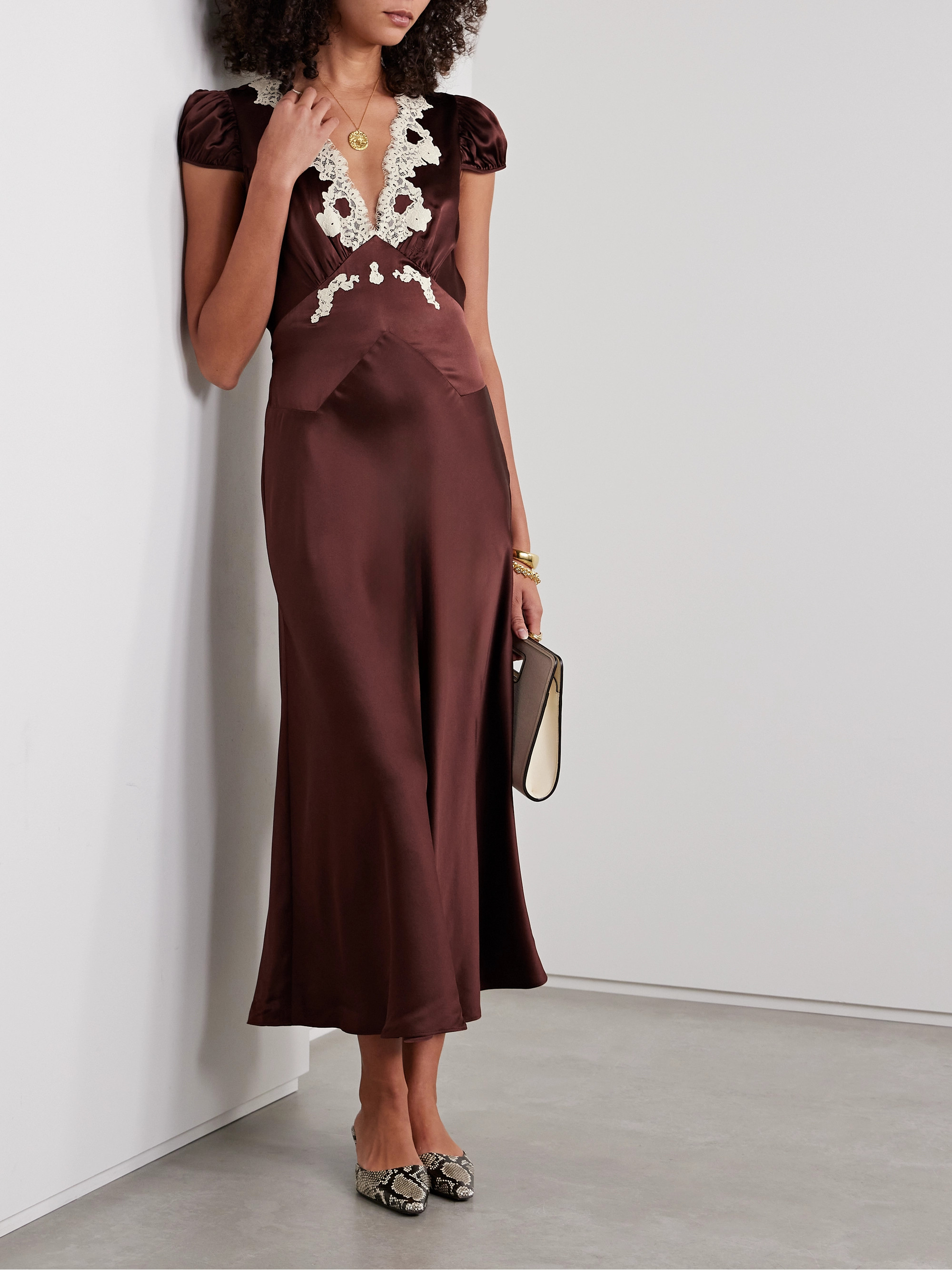Den - Coraline corded lace-trimmed silk-satin midi dress | Plush