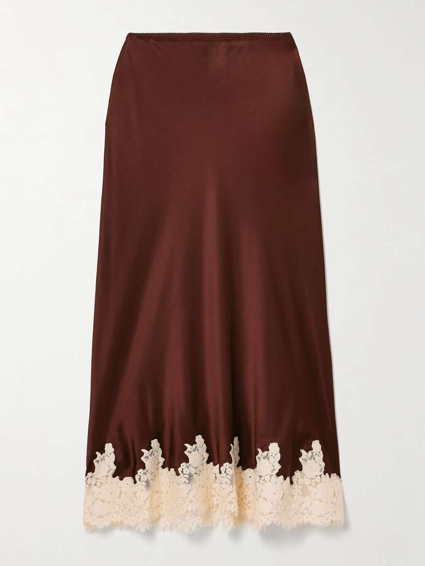 DÔEN Elowen Lace-trimmed Silk-charmeuse Midi Skirt - x large