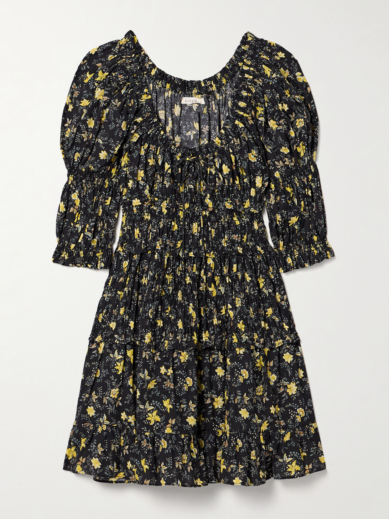 DOEN ISMENE SHIRRED FLORAL-PRINT ORGANIC COTTON-BLEND VOILE MINI DRESS